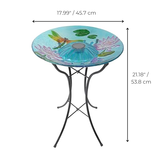 Teamson Home Handpainted Dragonfly Fusion Glass Solar Birdbath Bowl Feeder with LED Light for Outdoor Patio Garden Backyard Decking Decor, 21 Inch Height, Light Blue