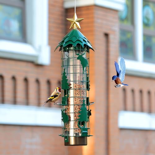 Squirrel Proof Bird Feeders for Outdoors Anti Squirrel Buster Hanging Metal Mesh Wild Bird Seed Feeder with Weight-Activated Perches, 4 Feeding Ports, 2.5LB Capacity, Green | Anti Squirrels Buster Hanging Wild Bird Seed Feeder, Weight-Activated, Chew Resi