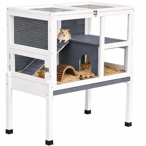 2-Story Guinea Pig Cage with Stand, Indoor Wooden Hamster Cage with Ramp, Pull-Out Tray, Hideout & Platform, Acrylic Transparent Small Animal Habitat for Chinchillas, Ferrets, Hedgehogs,Grey - color: Grey
