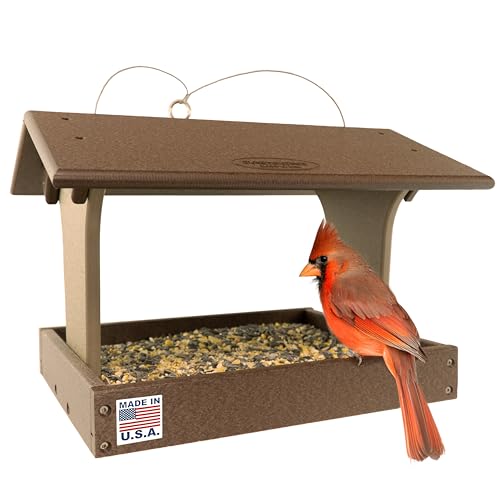 DutchCrafters Plastic Poly Covered Roof Hanging Fly Through Bird Feeder Open Side Platform Seed Tray for Outside Outdoor Garden - Amish American Made in USA (Tudor Brown & Weatherwood) - color: Tudor Brown & Weatherwood