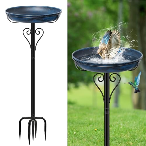 Metal Bird Bath for Outside, Vintage Freestanding Birdbaths with Metal Stake, Upgraded 5 Pronged Base Birdfeeder Feeder Bowl for Outdoors Garden Patio Yard Lawn Decor (Vintage Blue) - color: Vintage Blue