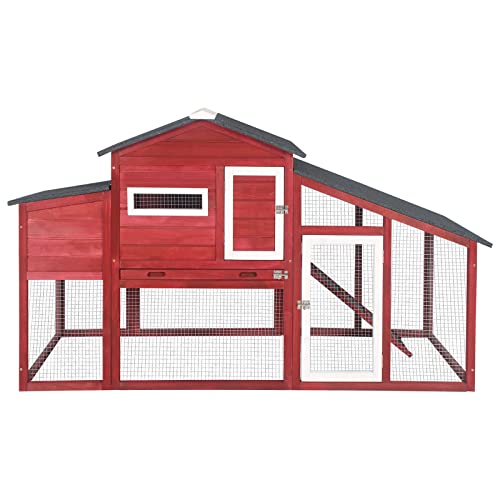 PetsCosset 71.3" Chicken Coop Wooden Backyard Hen House Indoor Outdoor Two Story Poultry Cage with Run, Chicken Nesting Box, Pull Out Trays and Anti-Slip Asphalt Ramp