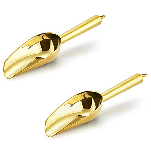 E-far Mini Ice Scoop Set of 2, 3 Ounce Gold Stainless Steel Food Scoops | Small Metal Scoop for Candy/Flour/Sugar, Ideal for Freezer/Party/Canister/Kitchen Bar/Ice Maker, Rust Proof & Easy Clean - color: Gold