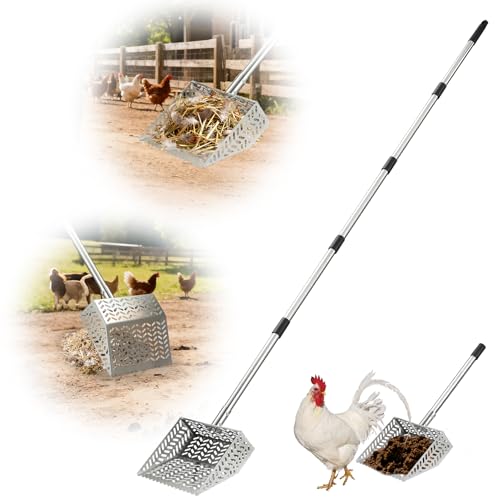 304 Stainless Steel Chicken Poop Scooper & Rake 2-in-1 with Spill-Proof Sides, 10 inch Coop Scoop - 38" to 80" Adjustable Handle & Perfect Sifting Holes