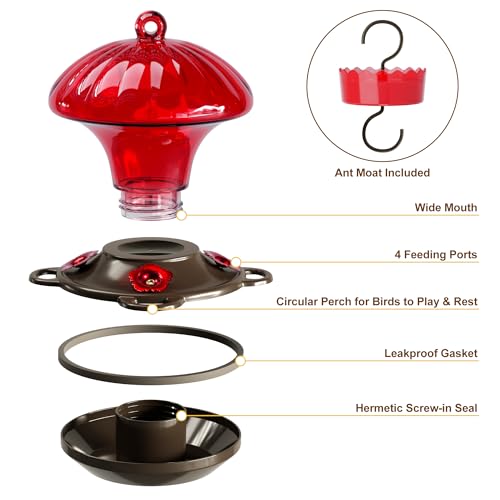 Auslar Glass Hummingbird Feeders for Outdoors Hanging, Red, 15 Oz | Hummingbird Feeder with Ant Moat & 4 Anti-Bee Feeding Ports, Ant and Bee Proof, Leakproof, Easy Clean and Fill, Garden Decor - color: Red