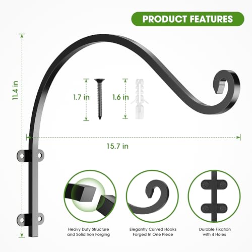 EPHECH 2Pack 16Inch Heavy Duty Hanging Plant Brackets for Plant Baskets | 80Lbs Outdoor and Indoor Hanging Brackets | Black Metal Wall Plant Hanger Hooks for Hanging Flower Pot Bird Feeder Lanterns - size: 2PCS-16Inch