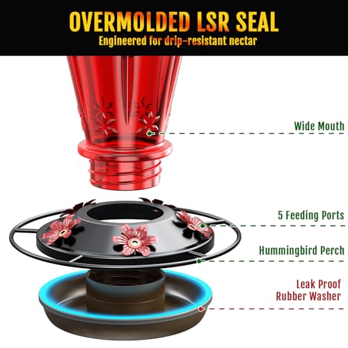 Birdream Hummingbird Feeders for Outdoors, 25oz Glass Hummingbird Feeder with Perch & 5 Bee Guard Feeding Ports, Leak Proof, Includes Ant Moat and Cleaning Brush, Gift for Women Mom, Red - color: Red