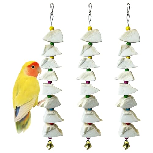 3 Pack Bird Chewing Toy Cuttlebone Parrot Toy with Bell Hanging Bird Beak Grinding Stone Parakeet Cage Accessories for Small & Medium Budgies Lovebirds Cockatiels (Block, 8 Per Skewer) - size: 8 Blocky