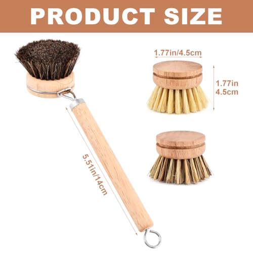 Bamboo Dish Brush with Handle, 3 Natural Bristle Heads | (Horsehair, Sisal, Palm) Replaceable Heads, Wooden Dish Brush for Washing and Cleaning Pot Pan Bowl