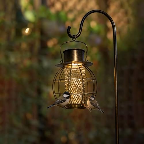 Squirrel-Proof Solar Bird Feeder, Retro Lantern Shape Rustproof(Bronze) | Easy-Fill Tray with Solar Light, Metal Outdoor Decor for Garden Patio Yard Lantern Bird Feeder - color: Bronze