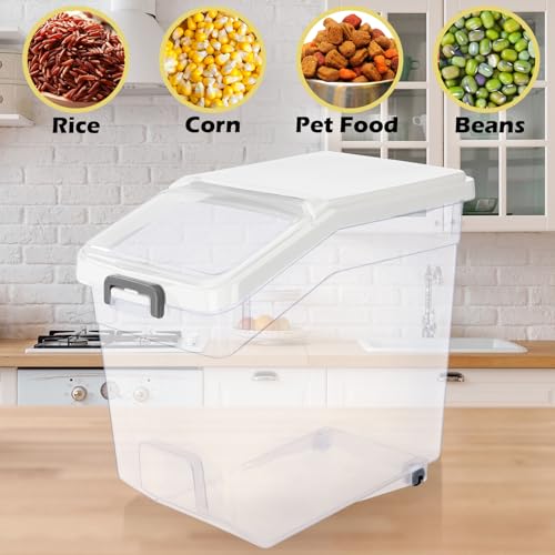 4 Pcs Rice Storage Container 38 lb Flour Container with Wheels Measuring Cup Clear Pet Food Bin Dog Birds Cat Food Bin Grain Cereal Organizer Box for Dry Baking Supplies(White Lid) - color: White Lid, size: 38 lb