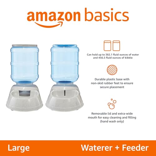Amazon Basics Large Capacity Automatic Pet Water Dispenser and Gravity Feeder Set, Easy to Clean, 456.6fl.oz Food, 382.1fl.oz Water, Pack of 2 - size: Large, style: Waterer + Feeder