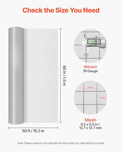 VEVOR Hardware Cloth, 1/2 inch 60 inch x 50 ft 19 Gauge Chicken Wire Fence, Hot-Dip Galvanized After Welding Metal Wire Mesh Roll, Garden Plant Welded Fencing Roll Supports Poultry Netting Cage Fence - size: 1/2 inch 60 inch x 50 ft