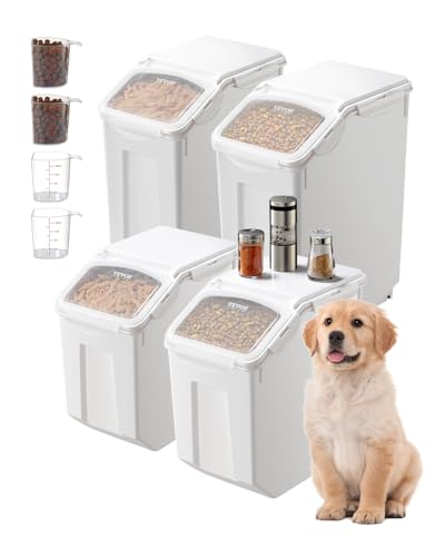 VEVOR Rice Storage Container, 3.5Gal/15Lx2 + 4.5Gal/20Lx2 Large Dog Food Dispenser Bin, Kitchen Ingredient Grain Cereal Bin, Pet food Containers with Wheels, 4 Measuring Cups, Airtight Lid, 4 Pack - size: 4.5 Gallon*2+3.5Gallon*2