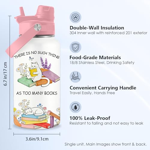 Cats Gifts for Women, 26oz Water Bottle with Handle for Girl Friends | Stainless Steel Insulated Tumbler with Handle & Lid, Bookish Birthday Gifts for Readers, Coffee Mug Insulated Travel Cup - color: Book-White