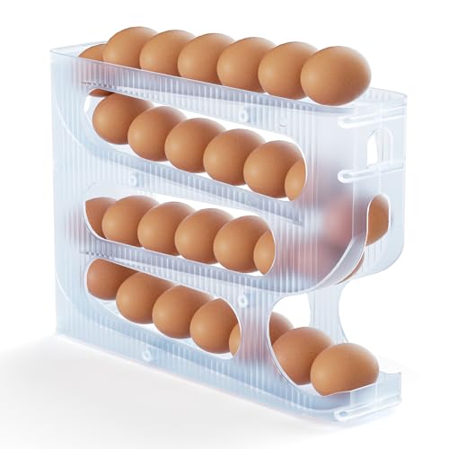 FIFO Egg Holder for Fridge, Egg Organizer for 28 Large Size Eggs | 1-Pack Auto Rolling Egg Dispenser for Refrigerator, Space-Saving Egg Roller/Container/Storage(Frosted Clear) - color: Frosted Clear, size: 1 Pack
