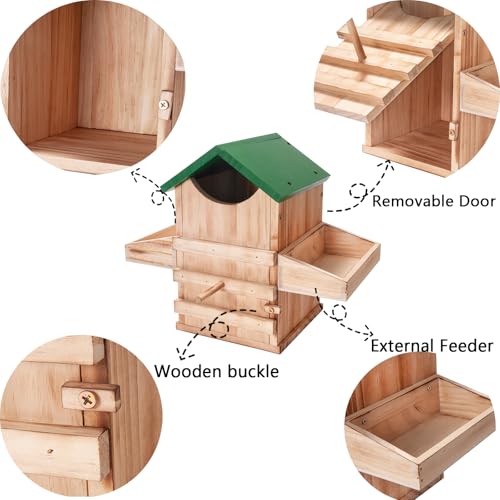 Screech Owl House with Feeder, Owl Box with Bird Stand Design | Nesting Box Wood with Mounting Screws, Cozy House for Lovely Birds, Easy Assembly Required - color: Green B