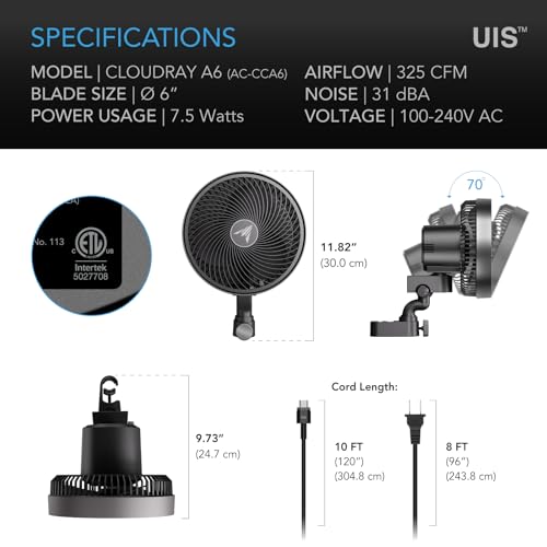 AC Infinity CLOUDRAY A6, Grow Tent Clip Fan 15cm with Redesigned Long-Life | Redesigned Long-Life EC Motor, 10 Dynamic Wind Speeds, IP-54 Weatherproof, Manual Swivel for Hydroponic Air Circulation - size: 6", Manual Swivel