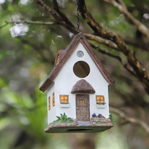 Bird Houses for Outside Outdoor Bird Houses, Hanging Resin Birdhouse for Bluebird, Hummingbird, Sparrow, Wren Finches, Chickadee, Gifts for Bird Lovers,Garden Decorations - color: White