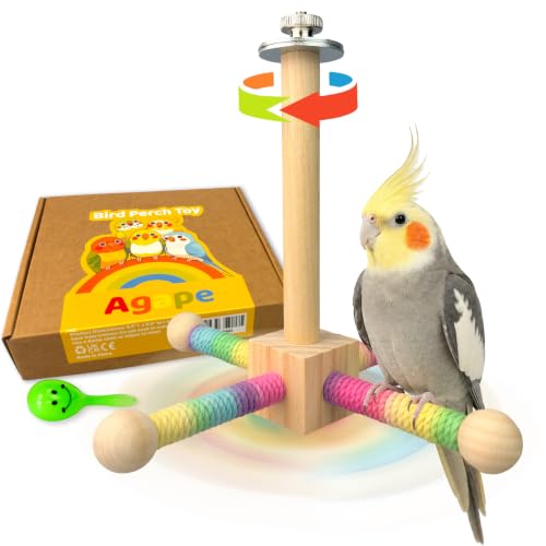 Agape 360° Rotating Bird Perch Stand, Wooden Parrot Exercise Toy | Bird Cage Accessory for Small-Medium Birds: Parakeets, Cockatiels, Lovebirds, Conures, Finches, Budgies, Parrotlets, Quakers - size: Medium