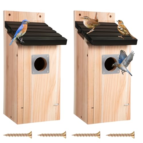 Dreyoo 2 Pack Bluebird Box Houses for Outside,1-1/2'' Entrance Hole Wooden Bird Houses with Metal Guard, Secure Latch,Fledgling Grooves,Air Vents for Bluebird Wren Swallow(Dark Wood) - color: Dark Wood
