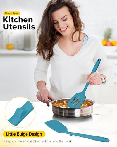 Pack of 2 Silicone Spatula Turners, Non Stick Slotted Kitchen Spatula Set, Heat Resistant BPA Free Kitchen Utensils, One-Piece Design, Suitable for Flipping Fish, Eggs, Steak, Pancakes(BLUE) - color: Blue