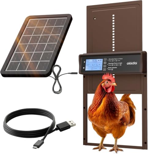 Okkobi Automatic Chicken Coop Door Solar Powered - LCD Display - Light Sensor & Timer - Security & Peace of Mind: Anti-Pinch Function - 5-Year Protection - Dark Brown | Anti-Pinch for Safety, Resistant to -15 to 140°C, Compatible with Ducks and Geese - Da
