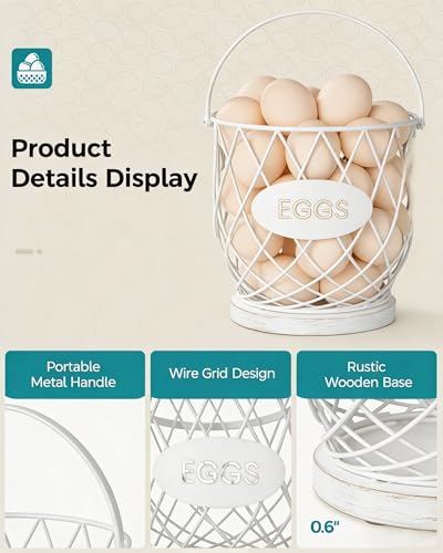 Chicken Egg Basket for Gathering Fresh Eggs, Wire Egg Collecting Basket | Metal Handle, Wooden Base, Round Egg Holder Countertop, Vintage Farmhouse Kitchen Decor, Fruit Storage, White - color: White
