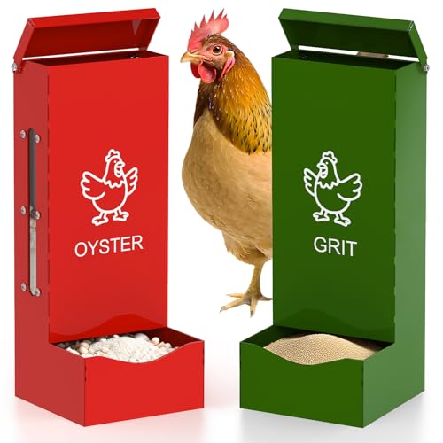 2 Pack Chicken Oyster Shell Feeder and Grit Feeder, Heavy Duty Metal Automatic Chicken Feeders with Lid, Gravity-Fed Chicks Food Dispenser Hanging Poultry Feeders for Coop Ducks Pigeons - color: Red + Green