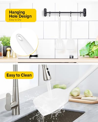 Pack of 2 Silicone Spatula Turners, Non Stick Slotted Kitchen Spatula Set, Heat Resistant BPA Free Kitchen Utensils, One-Piece Design, Suitable for Flipping Fish, Eggs, Steak, Pancakes (WHITE) - color: White