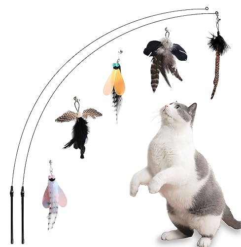 Yauende Cat Feather Toys, Indoor Cat Interactive Toys, 2 PCS Flexible Wire and 5 PCS Cat Feather Toys, for Bored Indoor Cats, Indoor Cat Chase Toys