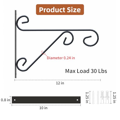 PROWORX 2 Pack 12 Inch Plant Hangers Outdoor Bracket, Indoor Wall Mount Metal Heavy Duty Rust-Resistant Bird Feeder Plant Hooks for Hanging Planters, Flower Baskets, Black - size: 12 Inch-2 Pcs