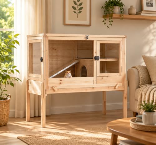 Guinea Pig Cage Indoor with Chew-Proof Edges, Clean Deep Tray | Rabbit cage with leakproof PVC layer, detachable legs, openable roof, multiple ventilated doors, Wooden - color: Natural Wood
