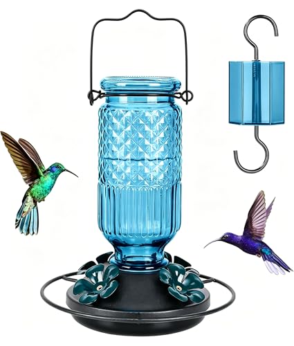 Glass Hummingbird Feeder for Outdoors Hanging, 16 oz Leak-Proof Nectar Feeder with Bee Guards & Ant Moat, 4 Metal Flower Feeding Ports, 360° Perch Ring, Easy Refill & Clean, Blue - color: Blue