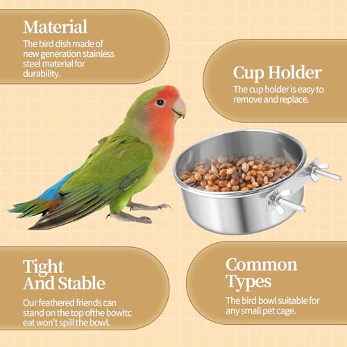 Bird Cage Feeder, Bird Feeder for Cage, 40oz Stainless Steel Food Water Bowl with Clamp, Clip-On Cage Coop Cup for Parrot Hamster Rabbit Rat Small Animals - color: 40oz Stainless Steel Bowl with Clamp