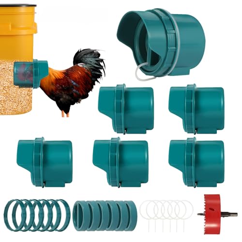 Chicken Feeder No Waste, 6 Ports Automatic Poultry Feeder with Covers & Hole Saw, Rain Proof Chicken Feeder Port for Buckets, Bins & Barrels - color: Green