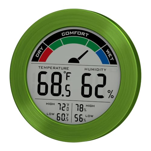 Digital Hygrometer Indoor Thermometer, Brushed Metal Frame, Green | Large round display, clear digits, accurate readings, comfort gauge, humidity meter, room temperature and humidity monitor - color: Green Stainless
