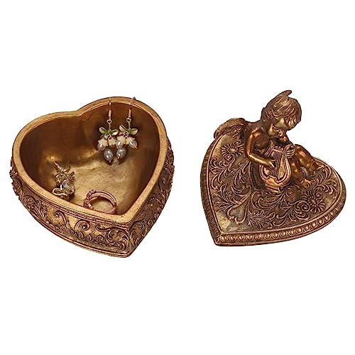 S-MANTIS Vintage Box Antique Trinket Organizer Rings Earrings Storage Gilded Heart Shape Box With Sophisticated Floral Decor And Cherub Figurine Playing The Harp Lid Keepsake Gift (Antique Gold-Heart) - color: Antique Gold-Heart