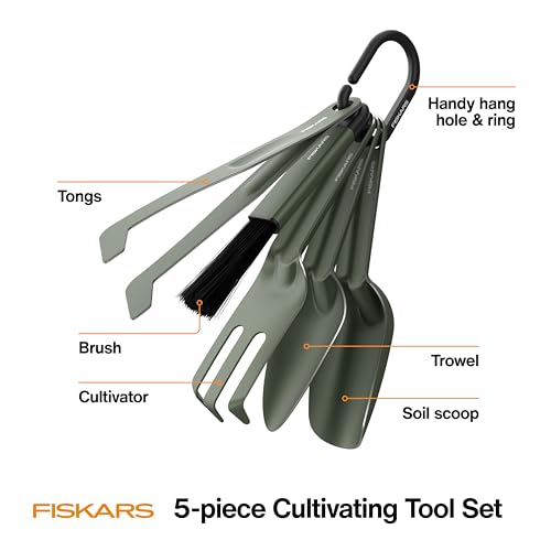 Fiskars 5-Piece House Plant Cultivating Tool Set for Indoor Gardening | Nesting Trowel, Soil Scoop, Cultivator, Tongs & Brush, Stainless Steel with Green Powder Coat Finish - size: 5-Piece Set