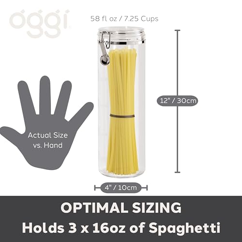 Oggi Tall Clear Canister with Clamp Lid, 58 oz - Large Airtight Food Storage Container, Ideal for Kitchen & Pantry Storage of Bulk, Dry Foods Including Pasta & Spaghetti - size: 58-Fluid Ounce