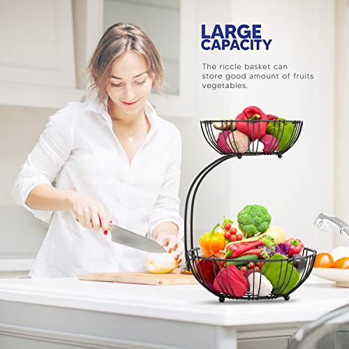 Fruit Basket For Kitchen Counter - Fruit Basket With Banana Hanger - Double Layer Metal Wire Fruit Bowl For Countertop - Fruit Holder For Produce, Vegetables
