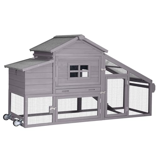 GUTINNEEN Chicken Coop with Wheels Mobile Outdoor Hen House Weatherproof Duck Cage with Large Nesting Box, Leak-Proof Tray, UV-Resistant Roof for 2-4 Chickens (Grey) - color: Grey