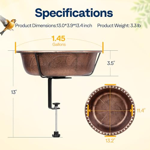 VIVOHOME Deck-Mounted Bird Bath with Adjustable Metal Clamp, Bronze | Weather-Resistant ABS, 1.45-Gallon Capacity, for Railing/Fence/Balcony, Bird-Friendly, Easy to Clean - color: Bronze, size: Birdbath Only