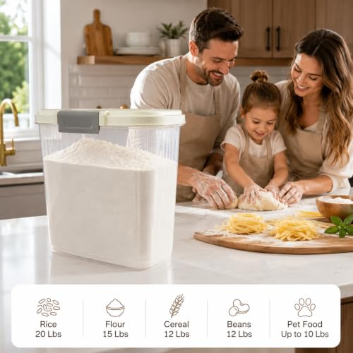 Large Rice Storage Container 15-20 Lbs, Tall Flour Container Dry Food Bin | Slim Food Container with Scoop, Cup for Cereal, Sugar, Beans, Pet Dog Cat Food, Kitchen and Pantry Storage Organization - color: Cream White