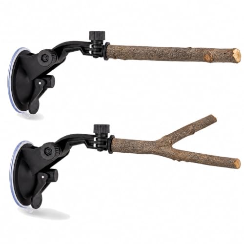 2 PCS Parrot Perch Stand, Movable Perch Stand Bird Training Set, Wood Parrot Perch Stand with Strong Suction Cup for Cockatoo, Macaw, Parakeet, Window Mirror Car Shower Ceramic Tiles Bath