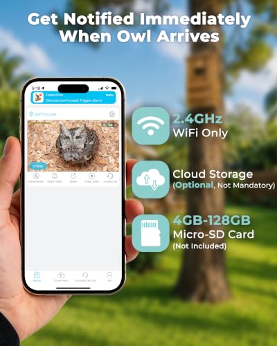 Screech Owl Nesting Box with Camera,Isolated Camera Bay,Owl House,Solar | 2.4G WiFi,2K HD,Night Vision Camera,Included Wood Shavings for Outdoor Yard Nesting,Solar Powered