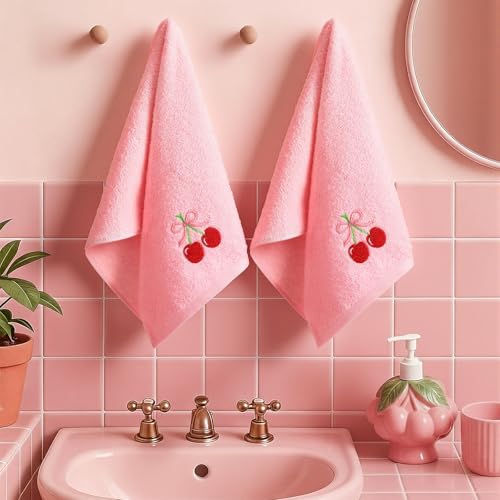 SmoothNovelty 2 Pcs Cherry Hand Towels for Bathroom Decor 14x29 Inch | Embroidered Cute Bathroom Hand Towels, 100% Cotton, Soft Absorbent, Spring Summer Bathroom Kitchen Decor - style: Cherry