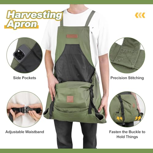Berry&Bird Harvest Apron, Canvas Gardening Apron with Pockets and Harvesting Pouch Waterproof Harvesting Apron - color: Green