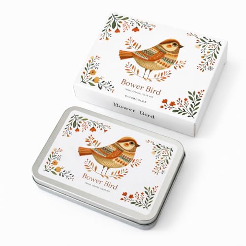 Bower Bird Travel Ceramic Watercolor Palette with Porcelain Mixing Tray, Metal Tin Box, White, 5.3x3.5x0.55 Inches, Portable Art Kit (8Well)