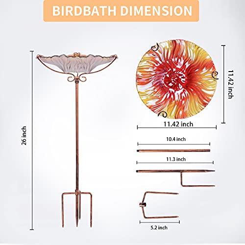 Glass Bird Bath for Outside, Red Bird Feeder Birdbaths for Oudoors | 26 Inch Red Bird Baths Combines Garden Decor & Bird Feeder Functions, Stable Four-Prong Stake, Easy to Install and Clean - color: Red